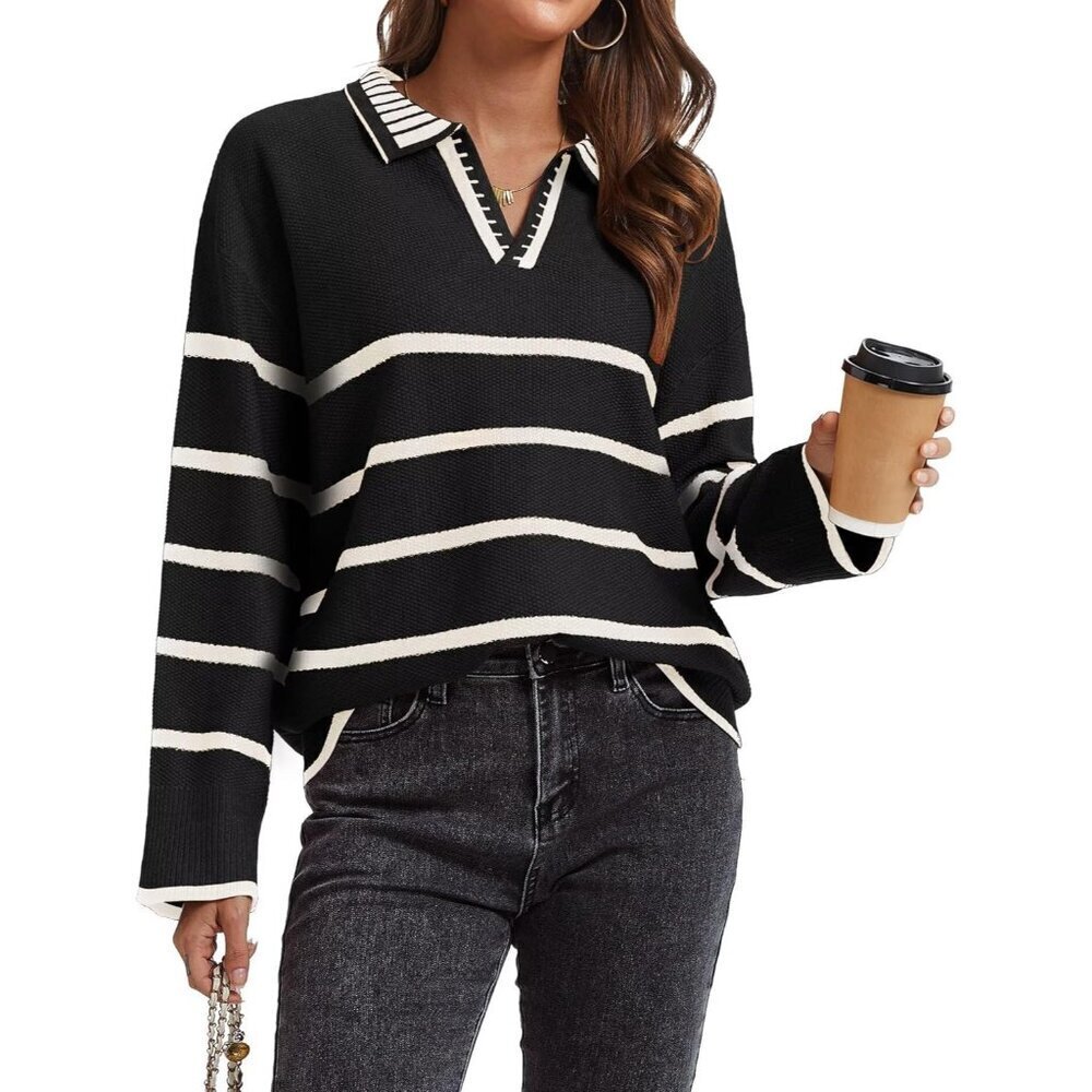 Women’s Black Fall Polo Sweater Striped V Neck Long Sleeve Pullover